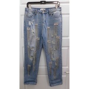 Ma Cherie Light Blue Wash Denim Ripped‎ Jeweled Jeans M